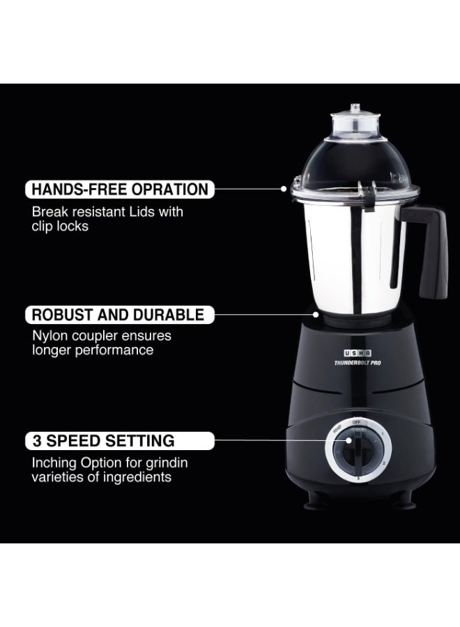 أوشا USHA Thunderbolt Pro 1000W with 3 Jars, 100% Copper Ball-Bearing Motor, Handsfree operation, 3 Jars, 3-Speed Setting with Inching option, 5 Years Warranty on Motor (Black) - Image 2